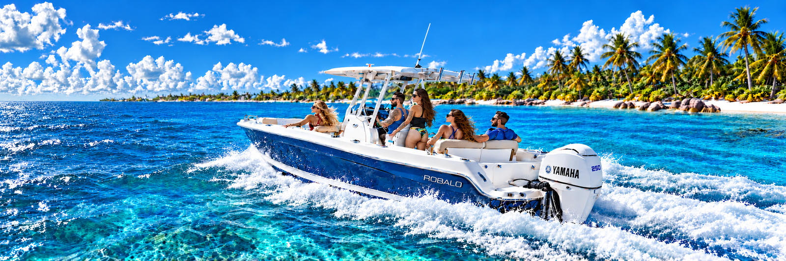 Captain J at the helm of his blue Robalo boat on turquoise waters