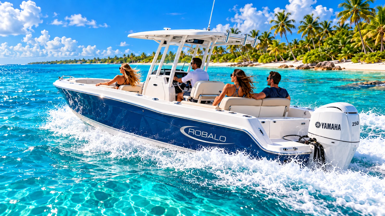 Captain J’s blue Robalo boat on coastal water