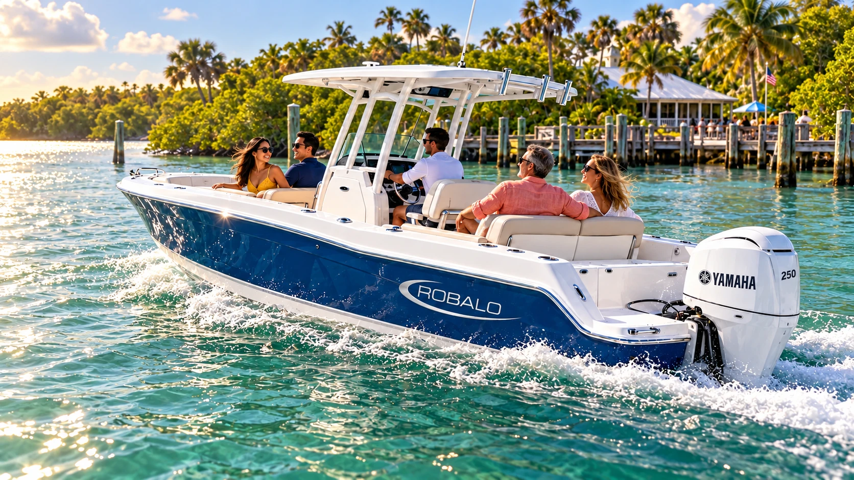 Guests on Captain J’s blue Robalo near an island dock and palms