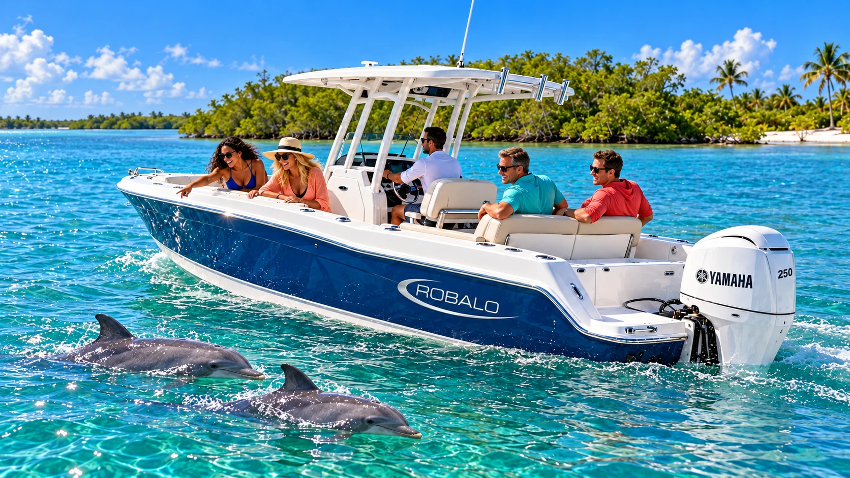 Guests watching dolphins from the blue Robalo with Captain J