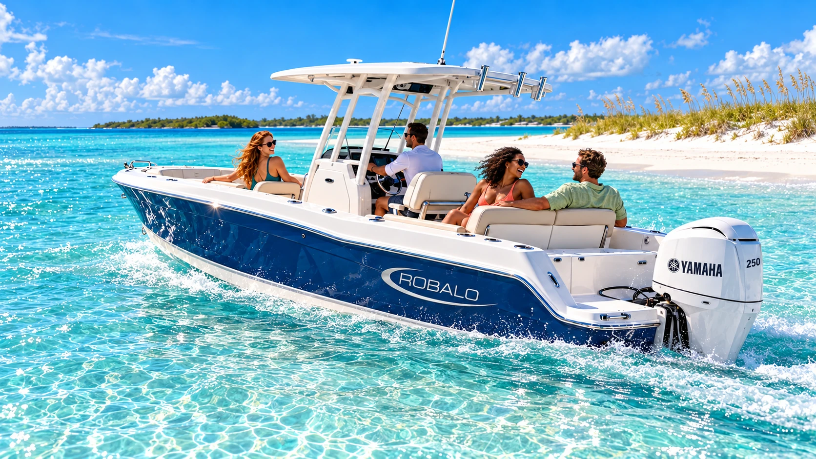 Guests on Captain J’s blue Robalo beside a bright white sandbar